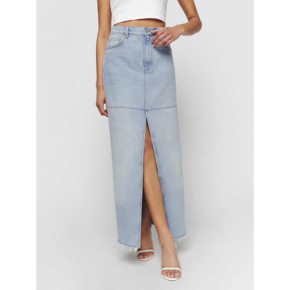 Reformation Tazz Maxi Skirt Sz 25 Light Blue Denim Raw Hem Jean Skirt Chic Cute